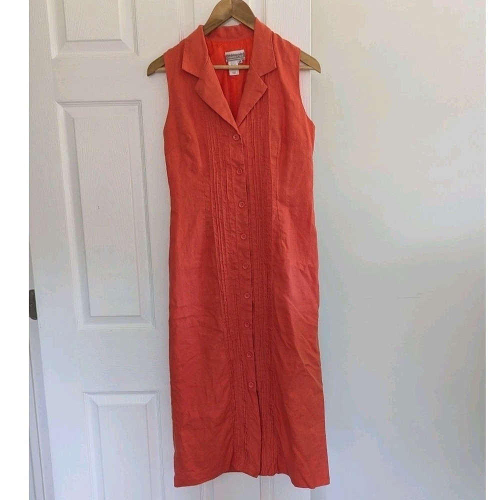 Vtg Coldwater Creek Midi Shirt Dress Coral 100% Linen Button Front Pintuck 6P